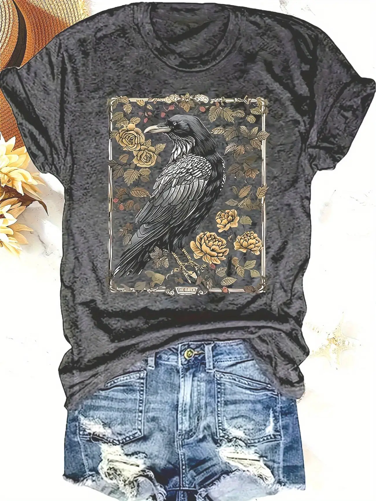 Plus Size Short Sleeve TShirt with Crow Rose 1 | PricZone Plus Size Short Sleeve T Shirt with Crow Rose 1 | PricZone