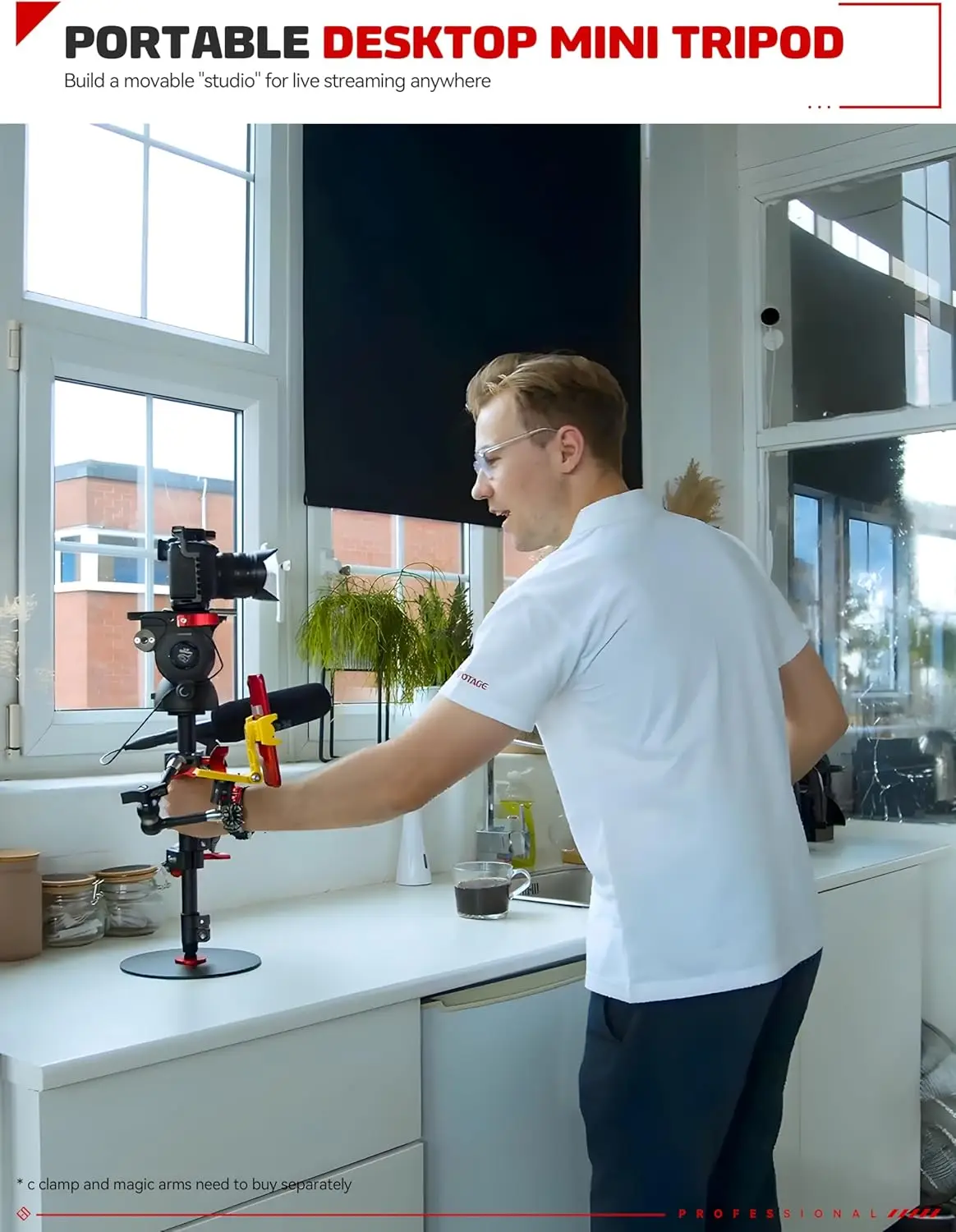 Man in a white shirt adjusts a camera on a desk-mounted rig on a white countertop in a bright kitchen/studio, with a banner reading Portable Desktop Mini Tripod.