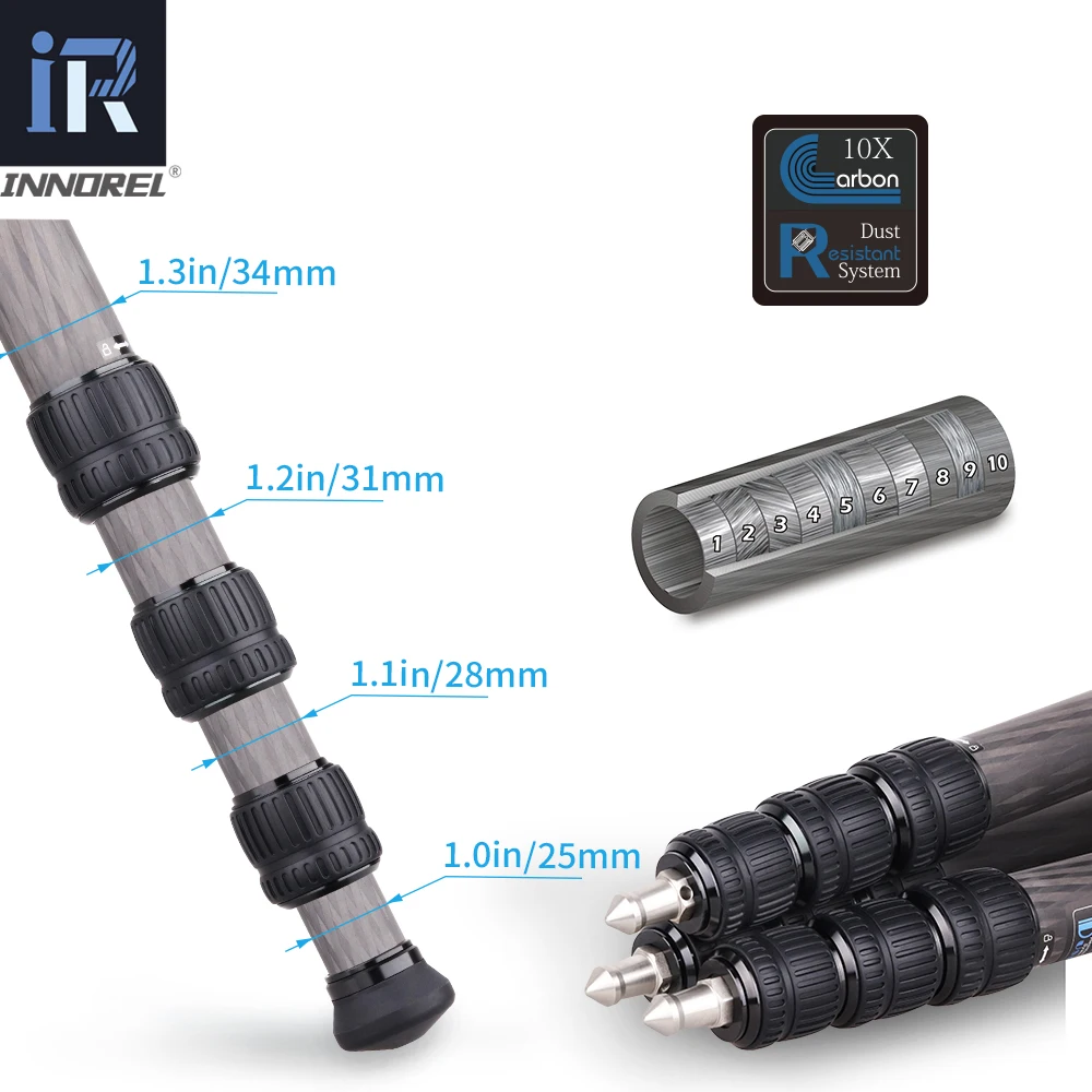 Carbon Fiber Tripod Monopod with Ballhead Fluid Head 4 | PricZone Close up of a telescoping tripod leg with numbered locking collars and rubber foot showing 10in13in sections Innorel logo visible | PricZone
