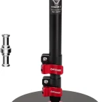 Desktop Tripod for DSLR Camera and Lights 1 | PricZone Tall black monopod with red quick release clamps mounted to a circular base plate for camera support silver pin shown beside | PricZone