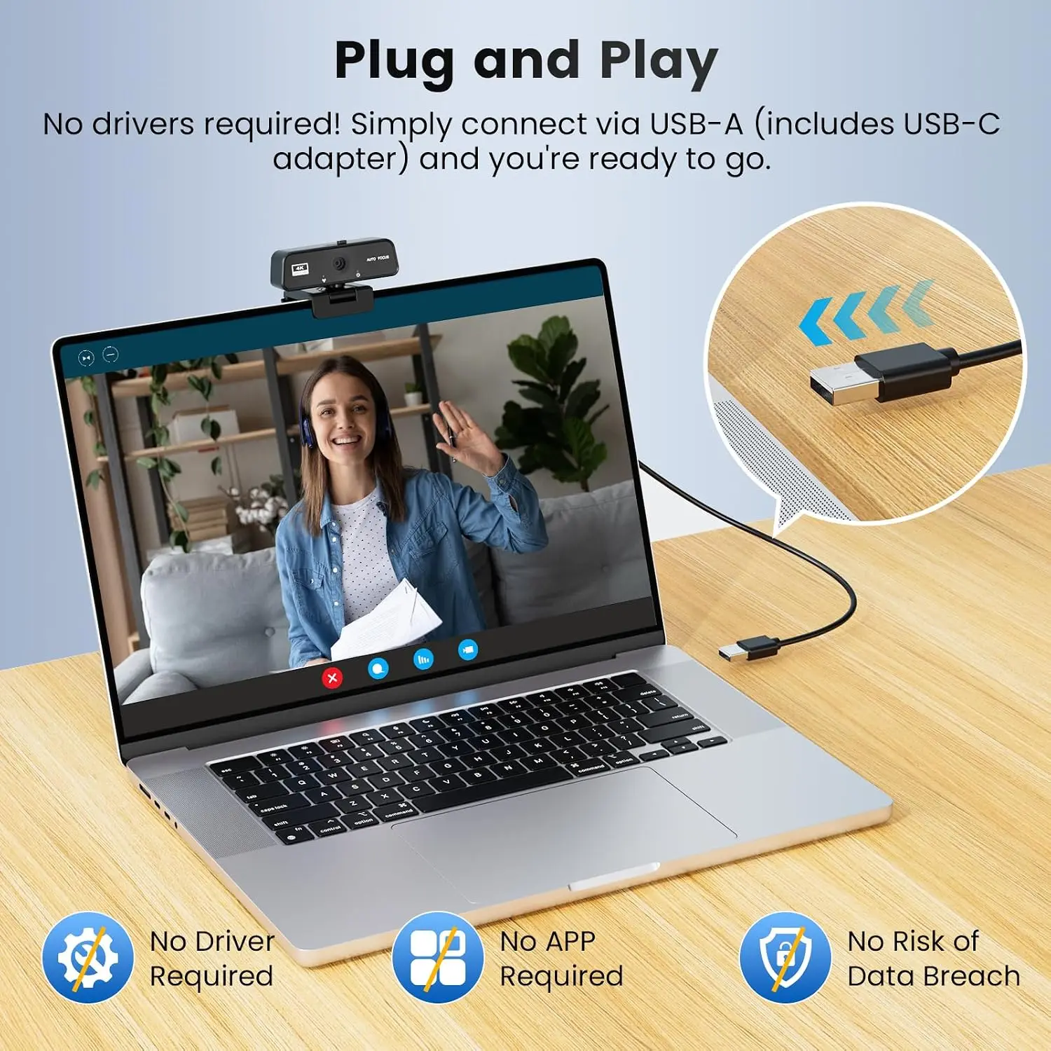 Advertisement banner for a plug-and-play USB webcam with no drivers or apps needed, shown on a laptop screen during a video call.