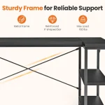 L Shaped Computer Desk with Reversible Storage Shelves 6 | PricZone Graphic showing product features metal frame reinforced X shaped bar and maximum load of 198 lbs | PricZone