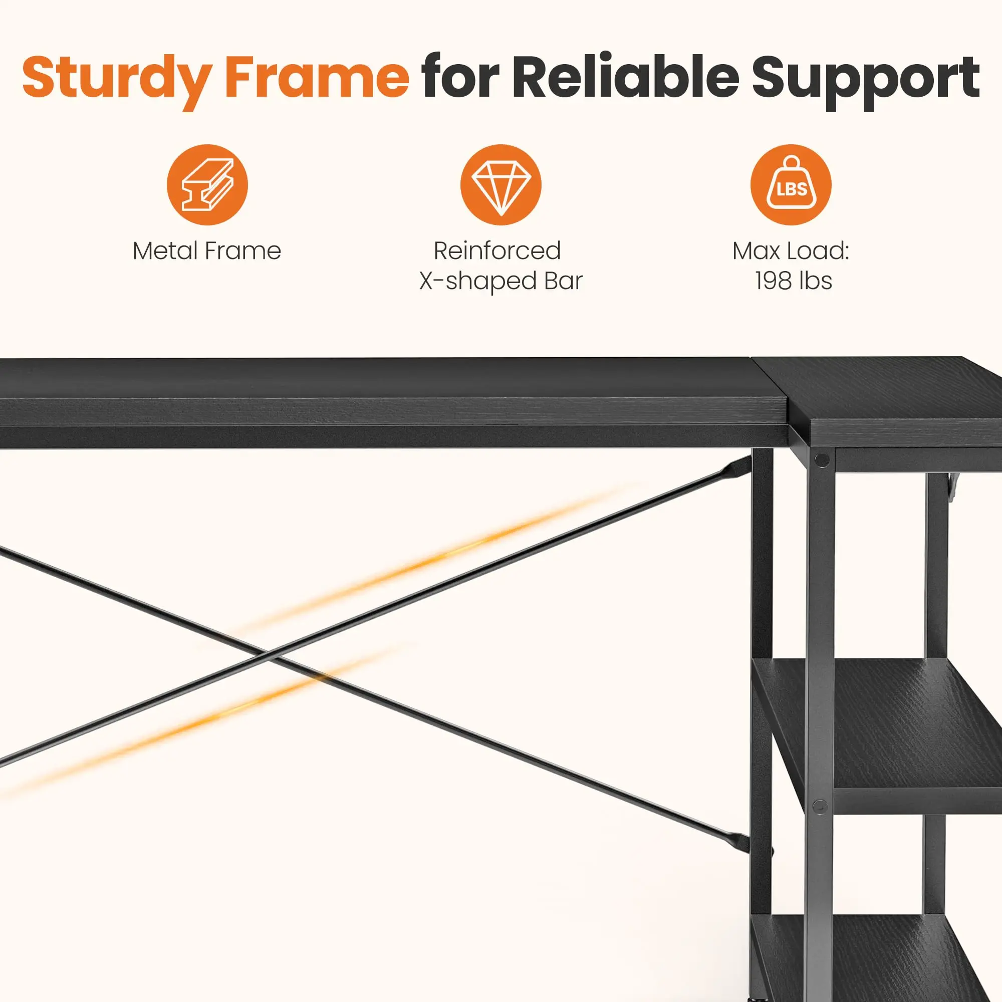 L Shaped Computer Desk with Reversible Storage Shelves 6 | PricZone Graphic showing product features metal frame reinforced X shaped bar and maximum load of 198 lbs | PricZone