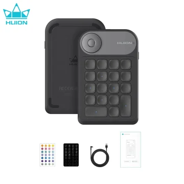 Huion compact hotkey keypad with a round dial and 20 square programmable keys, accompanied by a USB-C cable and user manual.