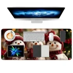 Snowman themed desk mat with a computer setup monitor keyboard mouse tablet phone and notebook | PricZone