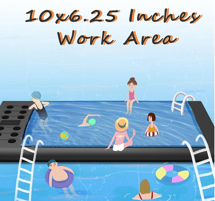Illustration of a swimming pool with people swimming and relaxing, with the text '10x6.25 Inches Work Area' at the top.