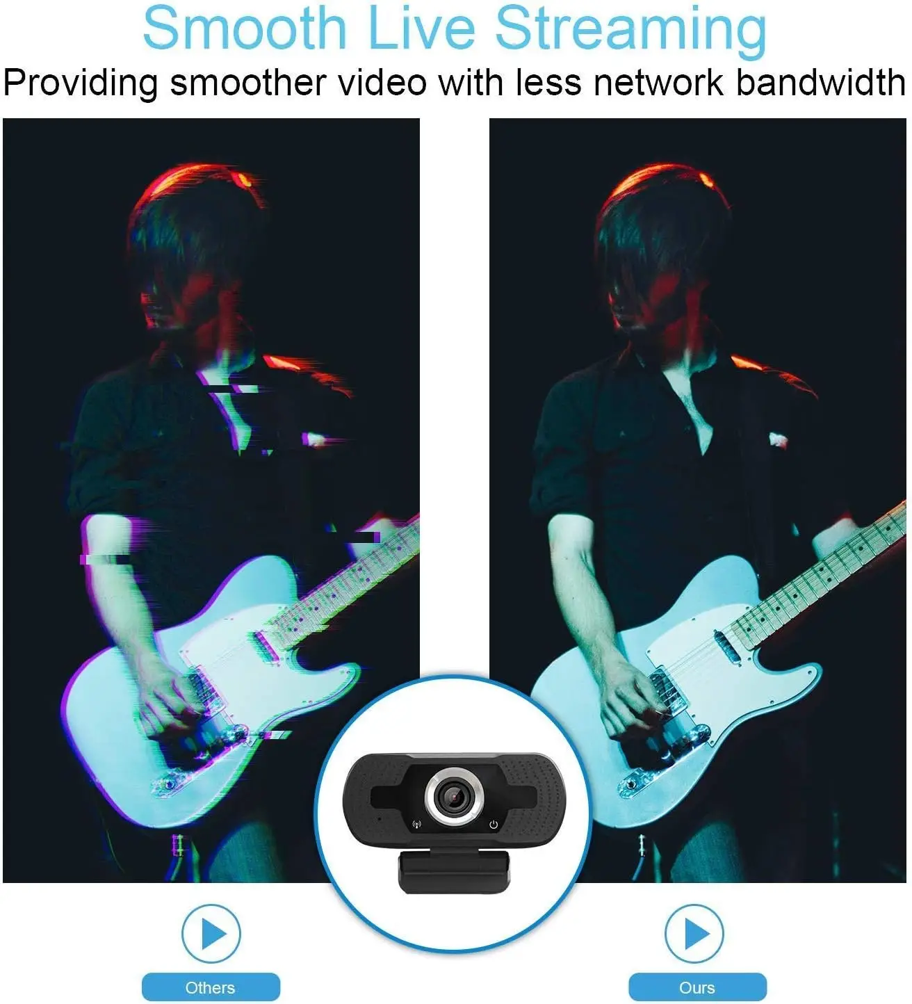 Graphic comparing streaming quality: two side-by-side guitar video frames with a webcam icon overlay, labeled 'Others' and 'Ours' to show smoother live streaming.
