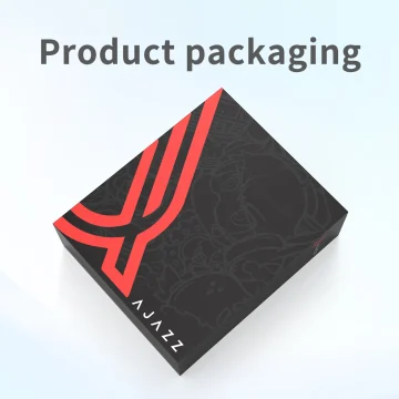 Black product packaging box with bold red geometric logo on the lid, tilted on a light background; brand name AJAZZ visible along the edge.