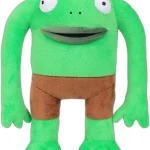 Green plush frog monster with long arms and brown shorts smiling at the viewer standing upright | PricZone