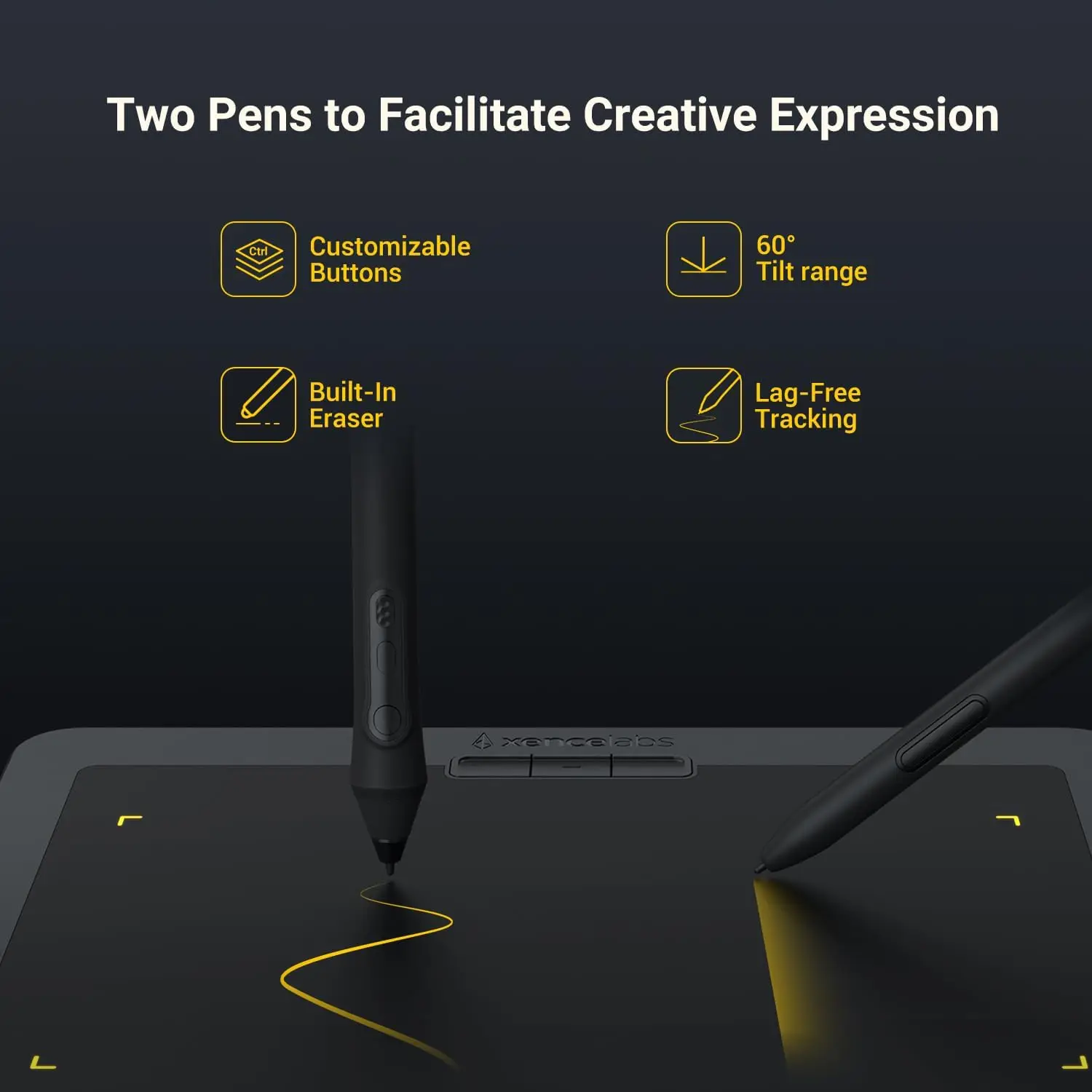 Graphic promoting two pens for creative expression with feature icons: customizable buttons, 60° tilt range, built-in eraser, and lag-free tracking. A yellow line is drawn on a tablet surface beneath the pens.