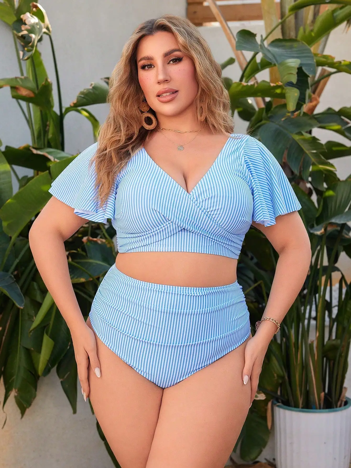 Plus Size Two Piece Swimsuit with Ruffled Sleeves and Cross 3 | PricZone Plus Size Two Piece Swimsuit with Ruffled Sleeves and Cross 3 | PricZone