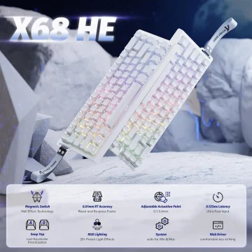 White mechanical keyboard with RGB lighting angled on icy rocks showcasing a rugged futuristic setup | PricZone