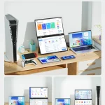 Desk setup showing a desktop two laptops tablet and phone displaying connected screens title reads Connect Two Devices Simultaneously illustrating a two device setup | PricZone