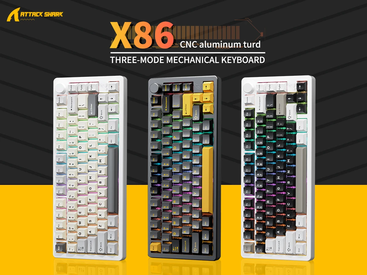 Banner with Attack Shark logo and X86 CNC aluminum three‑mode mechanical keyboards in white, black, and mixed keycaps on a yellow/gray background.