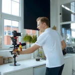 Desktop Tripod for DSLR Camera and Lights 4 | PricZone Man in a white shirt adjusts a camera mounted on a portable desktop mini tripod on a kitchen counter for a live streaming setup | PricZone