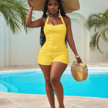 Yellow Plus Size Halter Neck Ruched Swimsuit for Beach Wear 1