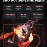 Firebat Huan 16 Pro Amd Ryzen 7 H 255 Rtx 5060 16GB DDR5 4 | PricZone Promotional image of a gaming laptop displaying a fiery armored character with six spec tiles above it highlighting the 2560x1600 QHD display features and performance | PricZone