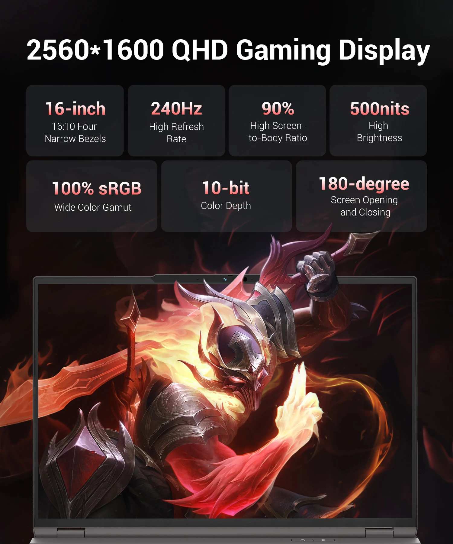 Firebat Huan 16 Pro Amd Ryzen 7 H 255 Rtx 5060 16GB DDR5 4 | PricZone Promotional image of a gaming laptop displaying a fiery armored character with six spec tiles above it highlighting the 2560x1600 QHD display features and performance | PricZone