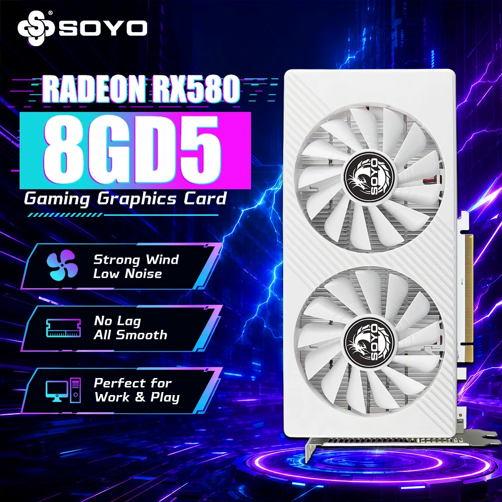Soyo Amd Radeon Rx580 8G Ddr5 Graphics Card 6Pin 256Bit 1 | PricZone SOYO Radeon RX580 8GB D5 graphics card advertised with dual fans and PCIe connector promoting gaming performance | PricZone