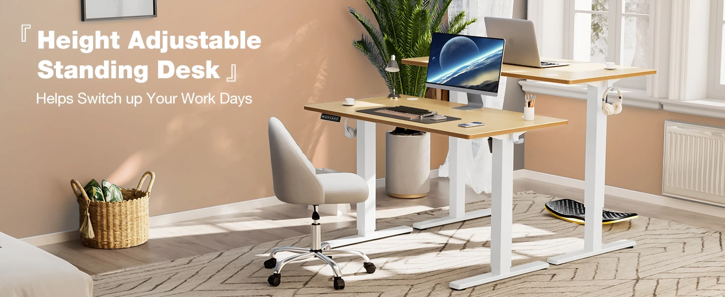 Height-adjustable standing desk in a bright home office with a computer monitor, keyboard, and chair, showcasing a healthy, flexible workspace.