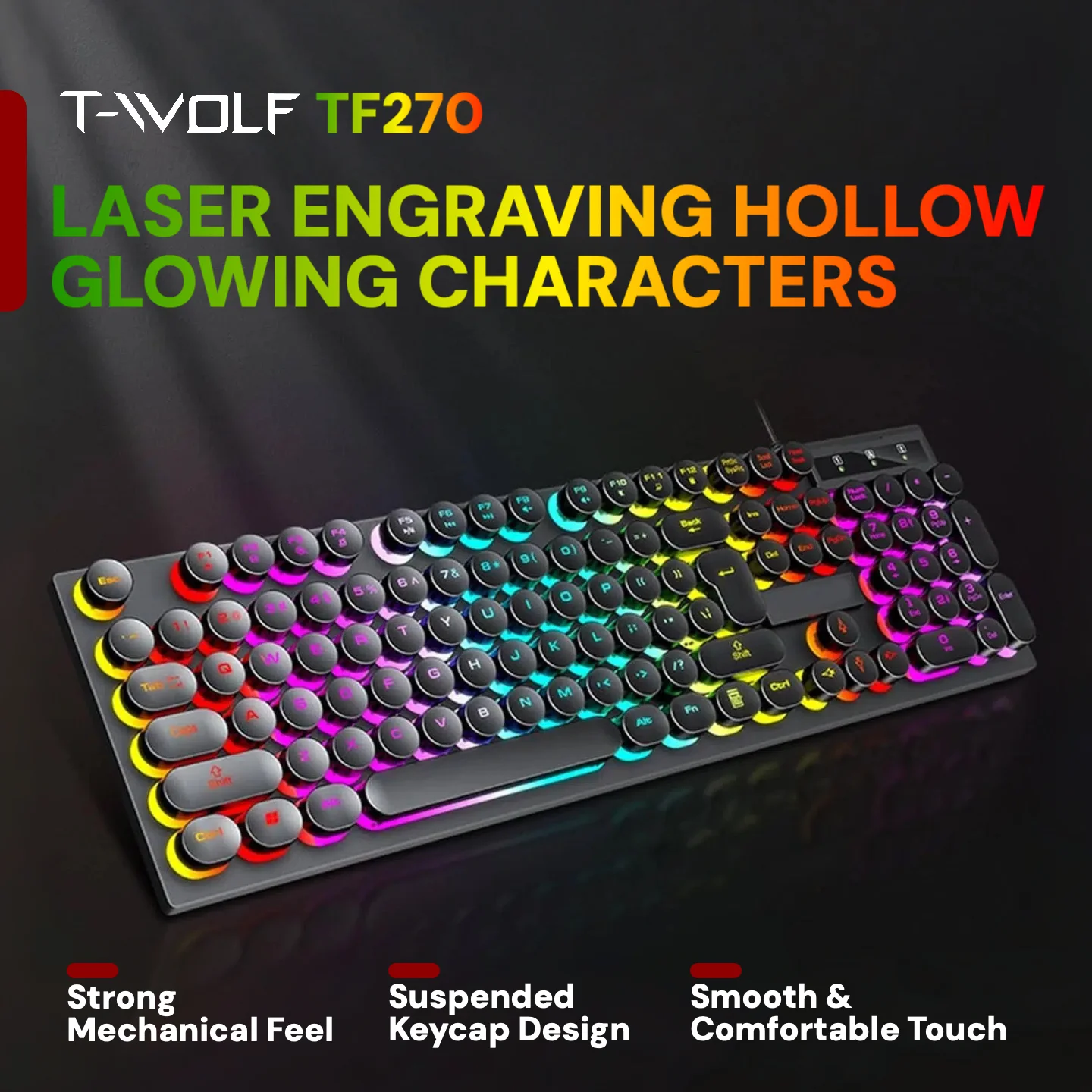 Promotional banner featuring a rainbow‑lit mechanical keyboard with the headline 'Laser Engraving Hollow Glowing Characters' on a dark background.