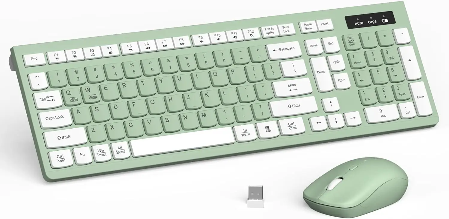 Mint-green wireless keyboard and matching mouse with USB dongle, shown on a white background (product image).