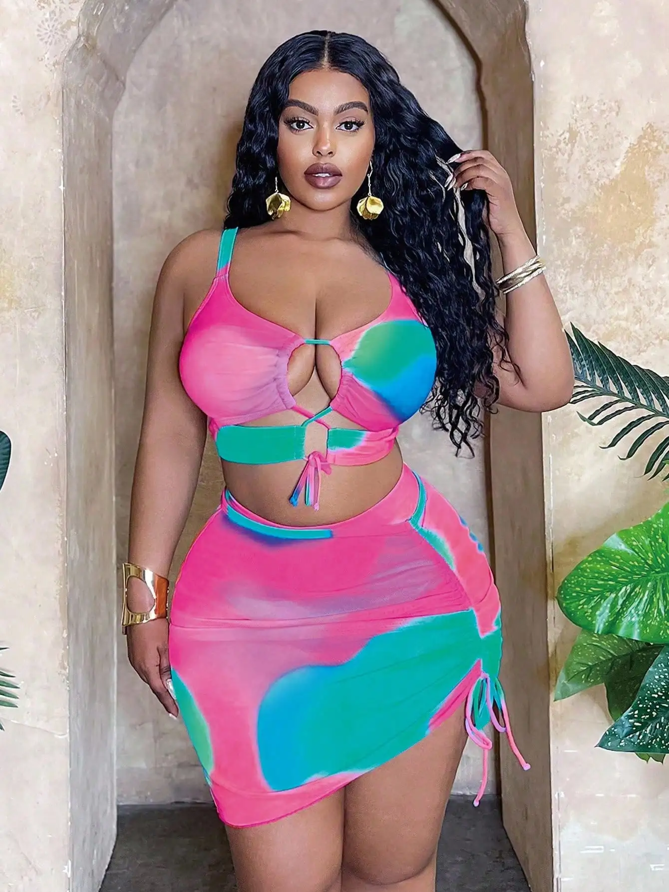 Plus Size Womens 3Pc Swimsuit Set with Gradient Print 1 | PricZone Plus Size Womens 3Pc Swimsuit Set with Gradient Print 1 | PricZone