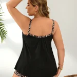 Plus Size Womens Ribbed Leopard Trim Tankini for Beach 4 | PricZone Woman seen from behind in a black pleated dress with leopard print trim on the straps and hem wearing gold hoop earrings and bracelets | PricZone