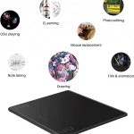 Huion Hs64 6X4 Inches Graphic Drawing Tablet for Android 2 | PricZone Circular infographic around a drawing tablet labeling uses OSU playing note taking drawing e learning photo editing mouse replacement film and animation | PricZone
