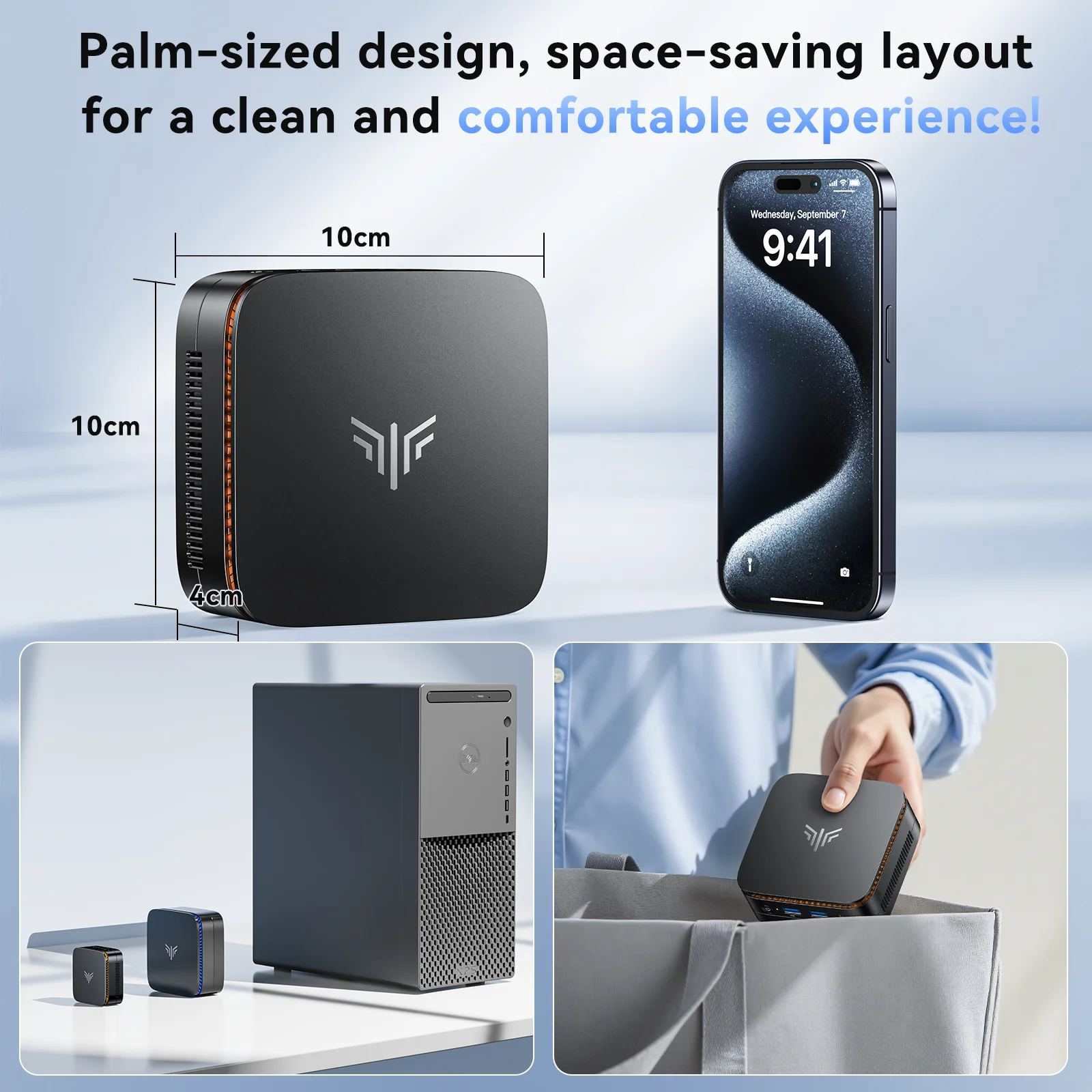 Product collage showing palm-sized devices—a small black square computer, compact hubs, and a smartphone—emphasizing space-saving design against a blue gradient background with marketing text above.