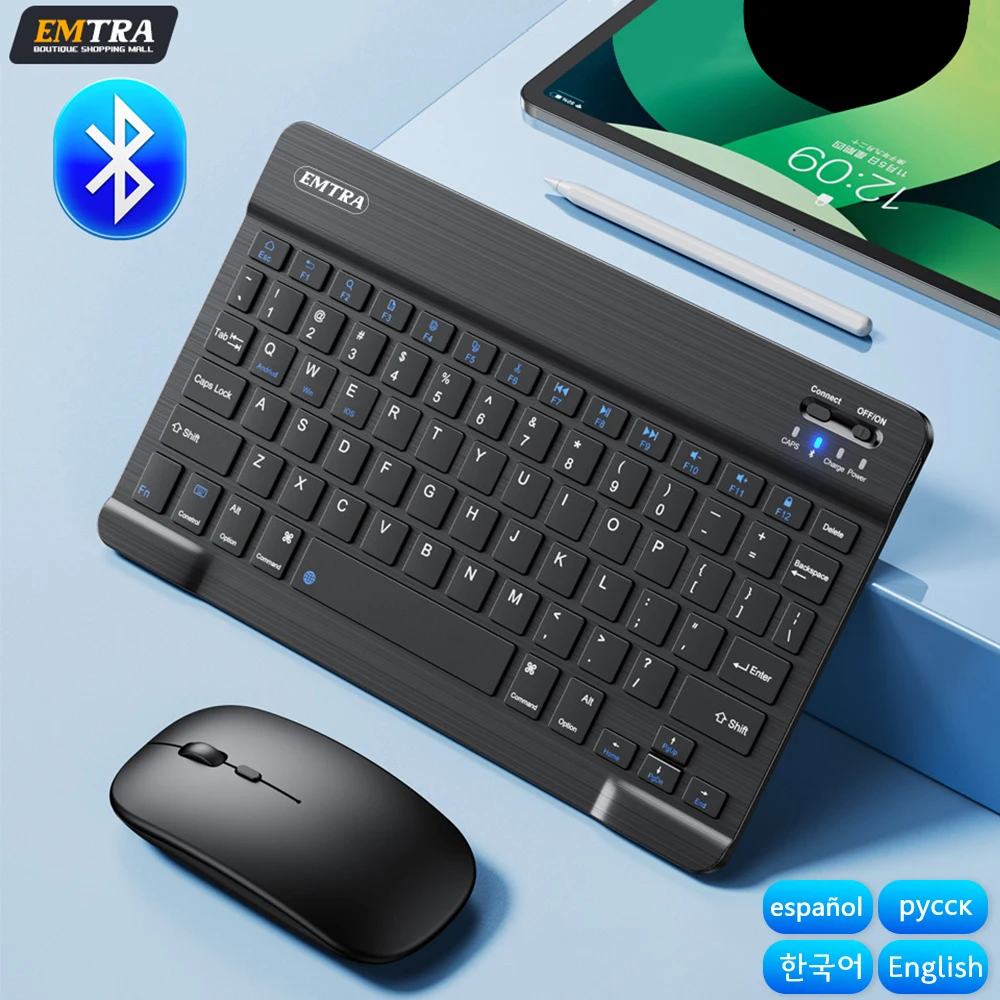 EMTRA wireless keyboard with a mouse on a blue desk, tablet nearby, Bluetooth icon visible and language badges in the corner (Español, Русский, 한국어, English).