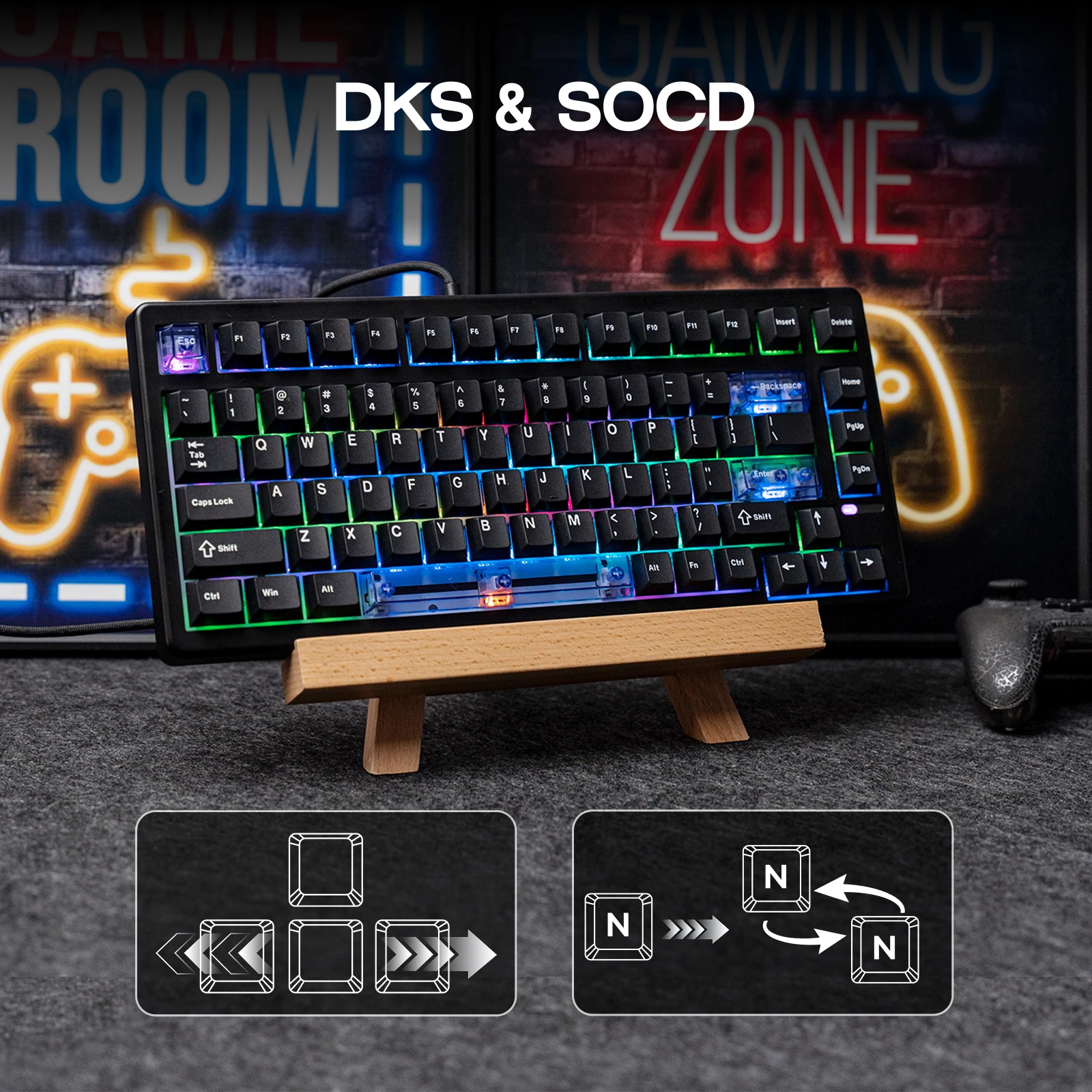 Epomaker He80 75 Qwerty Us Layout HotSwap Gasket Wired 2 | PricZone RGB backlit mechanical keyboard on a small wooden stand with a neon gaming backdrop in the background | PricZone