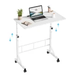 Adjustable 5inch Height Mobile Desk with Locking Wheels 7 | PricZone White height adjustable desk frame on casters with a laptop plant notebook and coffee mug on a white tabletop blue arrows show vertical adjustment | PricZone