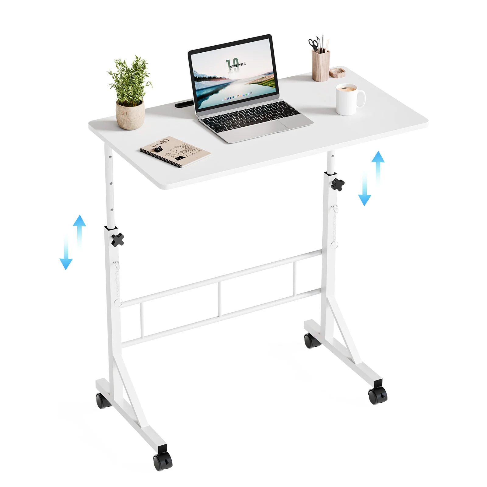 Adjustable 5inch Height Mobile Desk with Locking Wheels 7 | PricZone White height adjustable desk frame on casters with a laptop plant notebook and coffee mug on a white tabletop blue arrows show vertical adjustment | PricZone