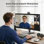 4K Webcam for PCMac with 1080P 60Fps Auto Focus and AI 6 | PricZone Person using a desktop setup for a video call monitor shows a main speaker with smaller gallery on the right and a webcam above the screen | PricZone