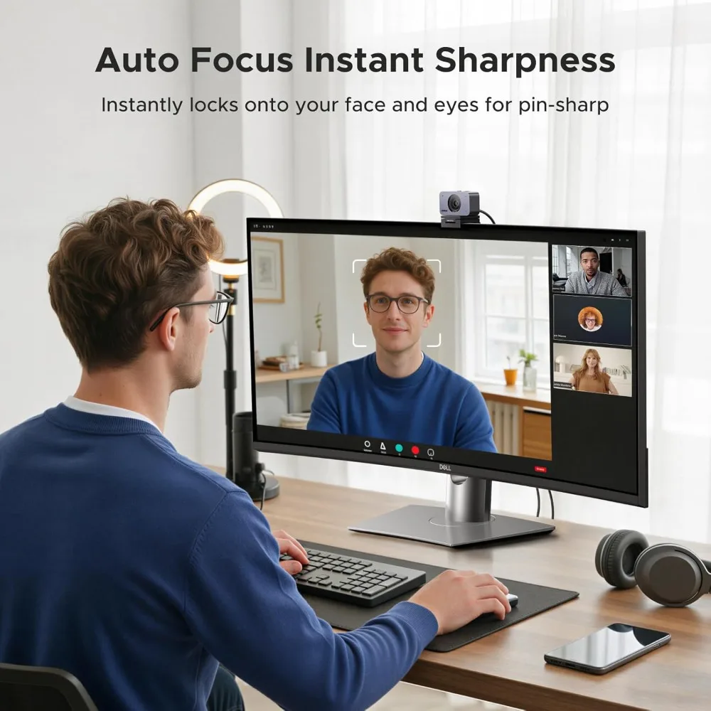 4K Webcam for PCMac with 1080P 60Fps Auto Focus and AI 6 | PricZone Person using a desktop setup for a video call monitor shows a main speaker with smaller gallery on the right and a webcam above the screen | PricZone