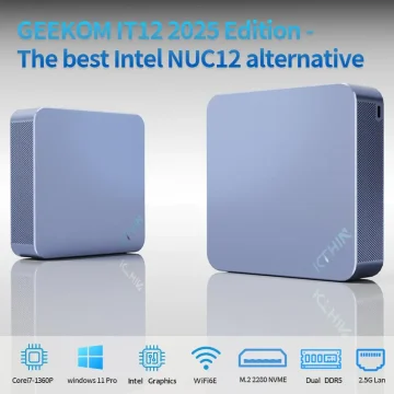 Two blue mini PCs (NUC-like) with the title 'GEEKOM IT12 2025 Edition – The best Intel NUC12 alternative'; icons show Core i7-1360P, Windows 11 Pro, Intel Graphics, Wi‑Fi 6E, M.2 2280 NVMe, DDR5, and 2.5G LAN.