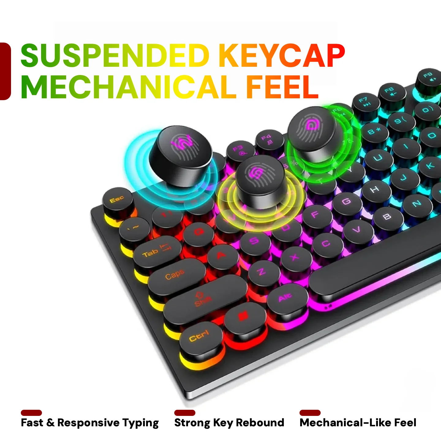 Colorful mechanical keyboard with suspended keycaps and glowing rings; highlights fast typing, strong rebound, and mechanical feel.