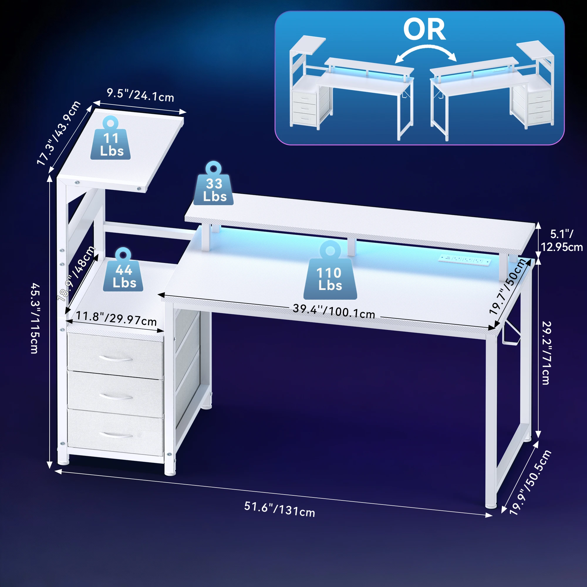 Gaming Desk with 3 Storage Drawers and LED 9