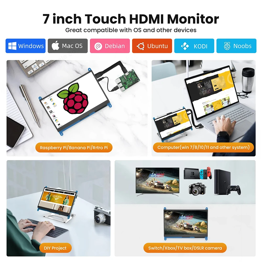 Collage promoting a 7-inch touch HDMI monitor, showing setups with Raspberry Pi, a computer, DIY project, and gaming/camera equipment, plus OS compatibility logos (Windows, MacOS, Debian, Ubuntu, KODI, Noobs).