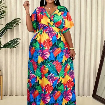 Plus Size Tropical Leaf Print Summer Maxi Dress 1 | PricZone