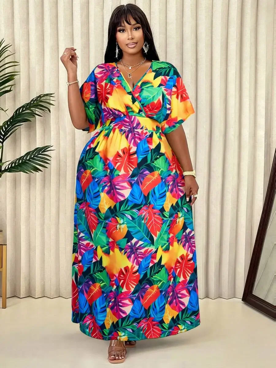 Plus Size Tropical Leaf Print Summer Maxi Dress 1 | PricZone Plus Size Tropical Leaf Print Summer Maxi Dress 1 | PricZone