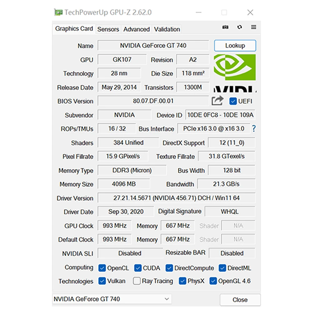 Soyo Nvidia GeForce GT 740 4Gb DDR3 Graphics Card 8 | PricZone TechPowerUp GPU Z window showing NVIDIA GeForce GT 740 specifications GK107 28 nm 1300M transistors 4 GB DDR3 Important data and clock details visible for a GPU report | PricZone