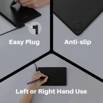 Huion H420X Graphics Tablet 417 Inch Drawing 6 | PricZone Product collage showing a drawing tablet with Easy Plug anti slip bottom and a hand using a stylus on the tablet | PricZone