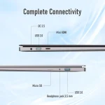 Side view of a slim laptop showing labeled ports DC 35 USB 30 Mini HDMI and on the bottom the Micro SD Headphone jack 35 mm USB 30 title Complete Connectivity above | PricZone