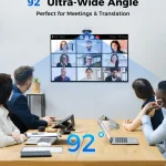 1080P Webcam with Microphone Wide View Auto Light 6 | PricZone Conference room with a wall mounted screen showing a 12person video call and the text 92° Ultra Wide Angle above it | PricZone