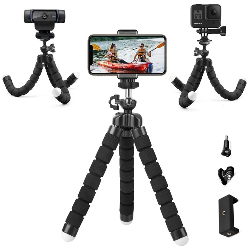 Flexible tripod with smartphone mounted in the center and action cameras on both ends, showing adjustable foam-padded legs and included accessories