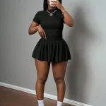Black Y2K Ribbed Knit Crop Top and Flared Pleated Skirt Set 1 | PricZone