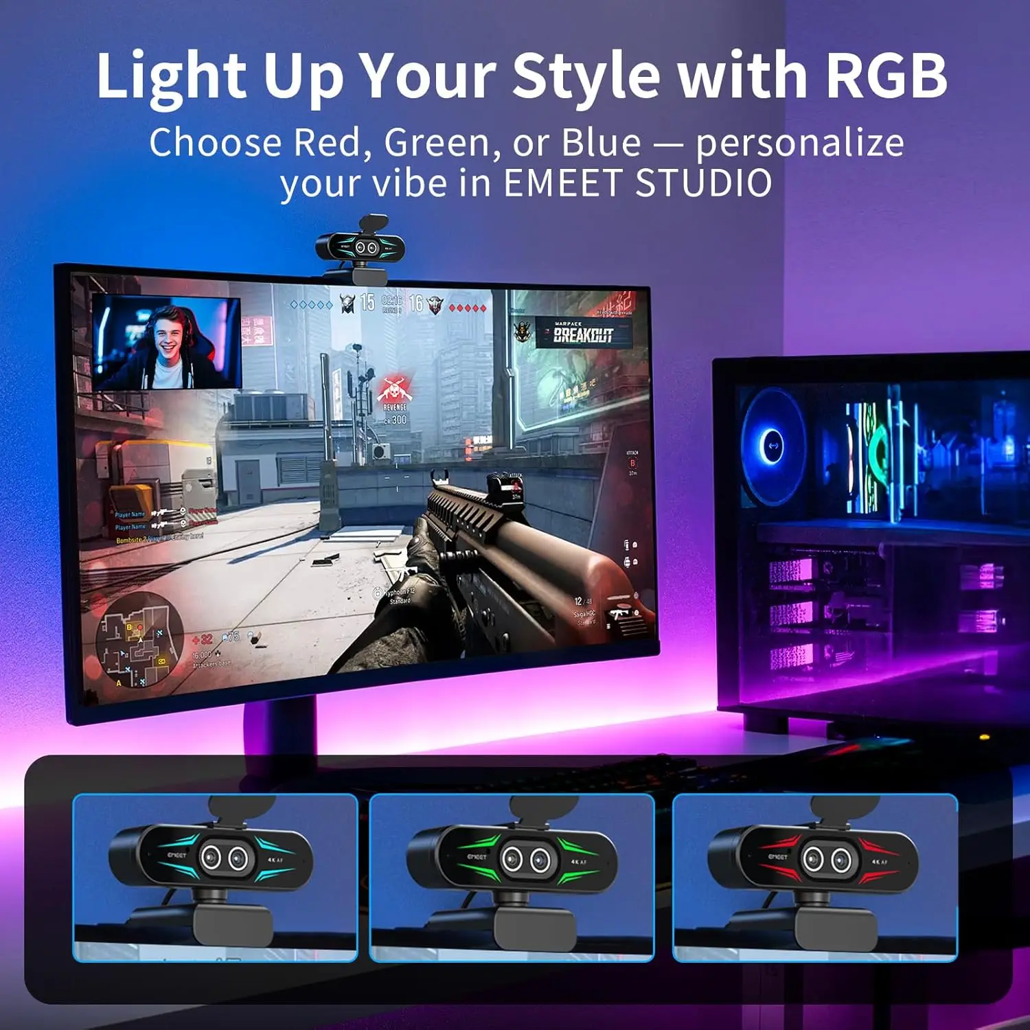Gaming setup with a monitor showing a shooter game, RGB ambient lighting, and a webcam mounted on top; three color-accented webcam thumbnails below.