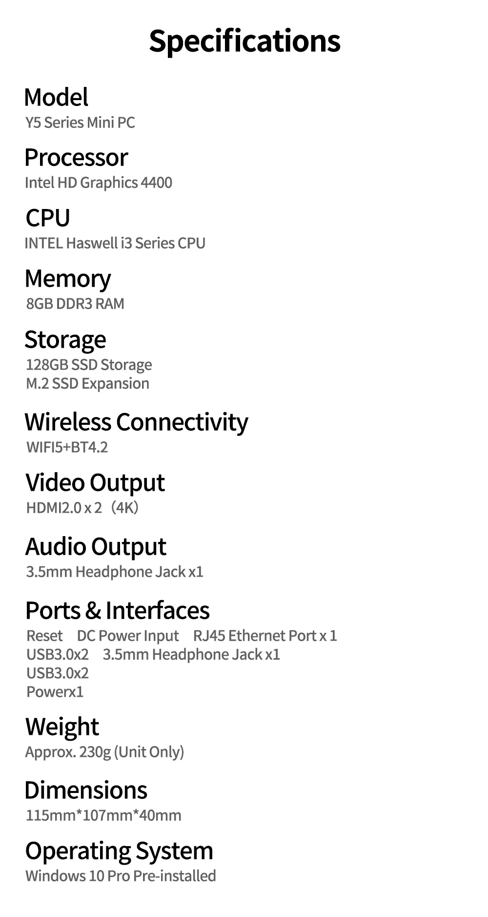 Specification sheet for Y5 Series Mini PC detailing model, processor, CPU, memory, storage, wireless, video output, audio, ports, weight, dimensions, and OS.